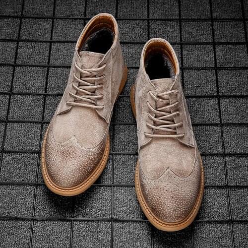 2020 new mens fashion casual leather boots mens slip on flock Stretch Fabric shoes winter male Low top Bullock boots