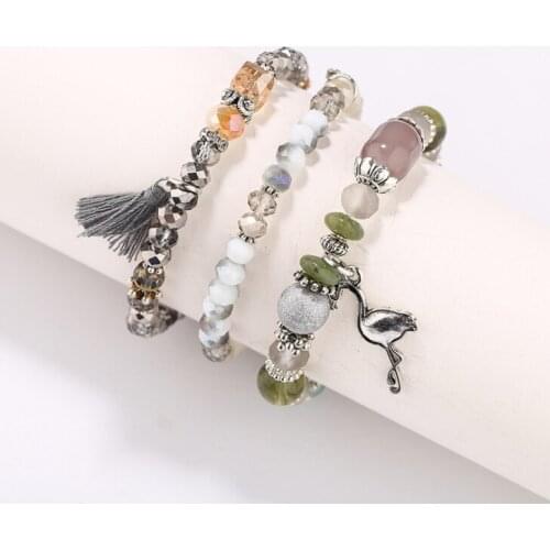 3pcs/set Handcraft Boutique Fashion Multilayer Crystal Stone Beads Strand Bracelets Tassel Bangles Pulseras Womens Boho Mujer