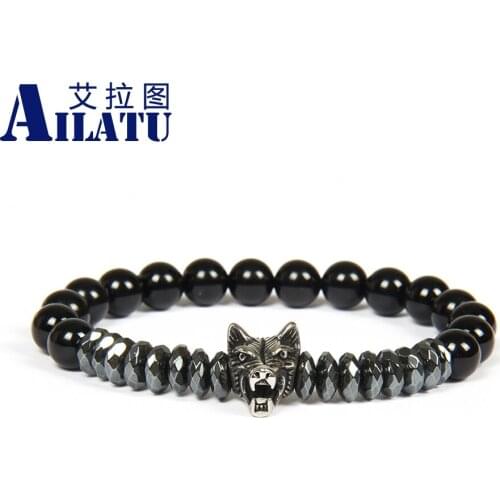 Wholesale 10 PCs/Lot Antique Silver Color Stainless Steel Wolf Beaded Bracelet Black Onyx Stone Customizable Size and Style