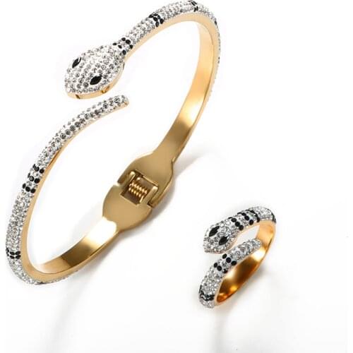 CZ Crystal Spring Clasp Bangles Bracelets Luxury Stainless Steel Rings for Women Men Gold Color Snake Bracelet Rings Jewelry Set