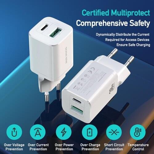 Mobile Phone Fast Charger PD+QC3.0 Dual Port 30w Fast Charge Mobile Phone Charger EU Plug