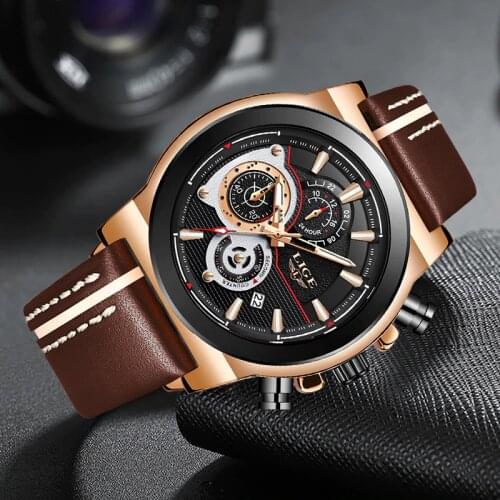Relogio Masculino LIGE Sport Chronograph Mens Watch Leather Band Wristwatch Big Dial Quartz Watches with Luminous Pointers+Box
