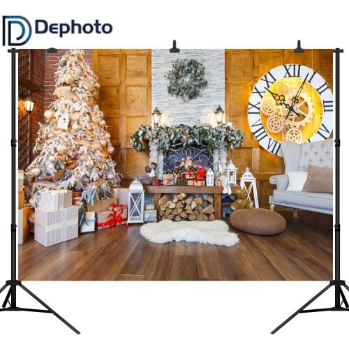 Dephoto Christmas Photography Backdrops Fireplace Gift Clock Wooden Wall Baby Interior Photo Backgrounds Photocall Photo Studio
