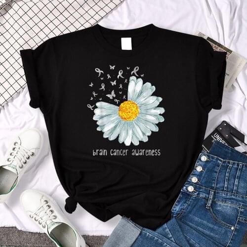 Brain Cancer Awareness Flowers T-Shirts Women Brand Loose T Shirts Fashion Loose Tee Clothes Casual Breathable Female T-Shirts