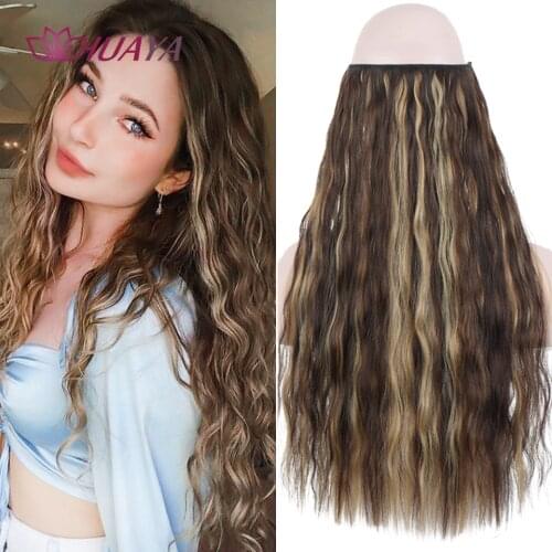 HUAYA No Clip Halo Hair Extensions Synthetic Wave Curly|Straight Secret Wire Natural Hair Extensions Fake Hair For Women