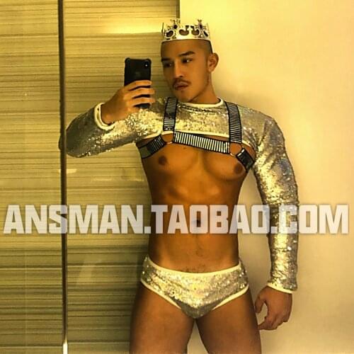 Customized European and American nightclub bar dj lead dancer gogo costumes phantom silver muscle mens colorful suit stage cost