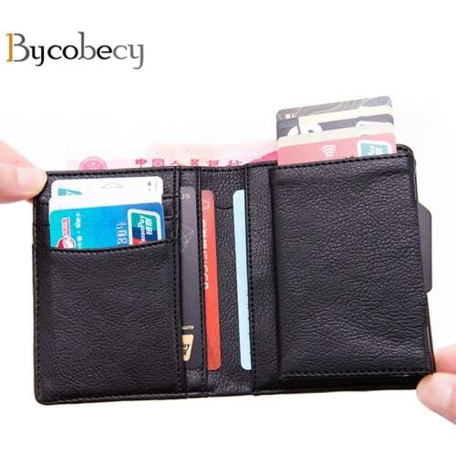Bycobecy RFID Wallet Automatic Credit Card Wallet Travel Aluminum Pop Up Blocking Money Case Protection PU Leather Cardholder