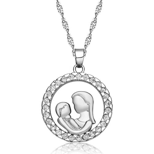 Mon & Baby Round Hoop Inlaid CZ Stone Zirconia Pendants Necklaces Gold Silver Color Chain Necklaces Mothers' Day Gifts for Women