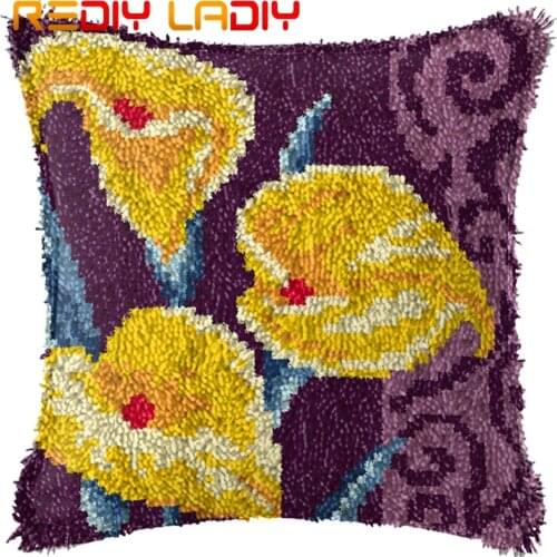 Latch Hook Cushion Gold Calla Lily Pillow Case Printed Color Canvas Acrylic Yarn Latched Hook Pillow Crochet Cushion Cover Kits