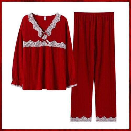 Spring Autumn New Cotton Pajamas Suit Women Long Sleeve 2PCS Wedding Red Home Clothes Bride Pyjamas Lounge Wear Christmas Gift