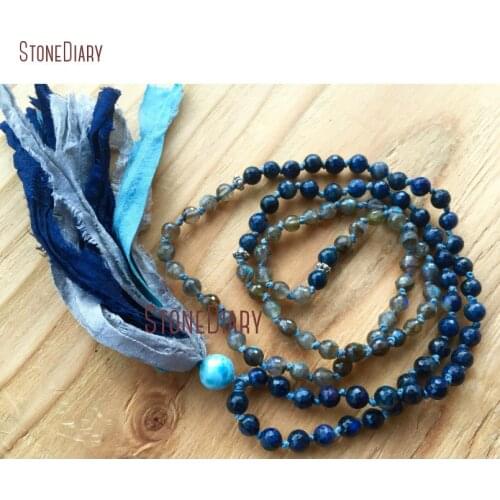 New Design 108 Faceted Petite Labradorite Larimar and Dumortierite Mala Beads Silk Sari Tassel Necklace NM11086