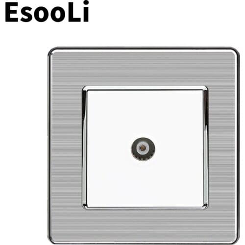Esooli White 1 Gang Female TV Connector Luxury Wall Socket Outlet Stainless Steel Brushed Silver Frame Panel 86mm*86mm
