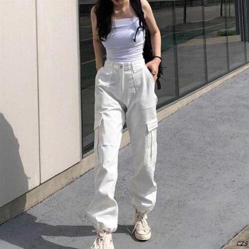 HOUZHOU White Cargo Pants Women Streetwear Harajuku High Waist Button Patchwork Trousers Korean Fashion Pencil Pants Joggers