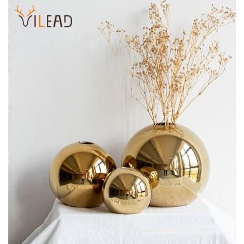 VILEAD Golden Electroplated Ceramic Ball Flower Vase Figurines For Interior Modern Decorative Pot Home Living Room Decor Gifts