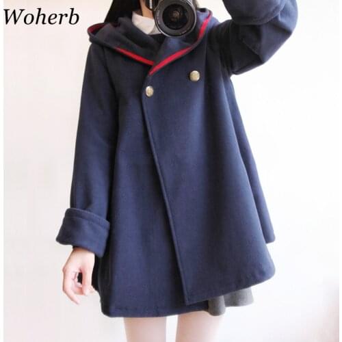 Woherb Japanese Harajuku Winter Coat Women Thick Loose Hooded Cloak 2021 Outwear Wool Coats Ladies Cape Femme 20408