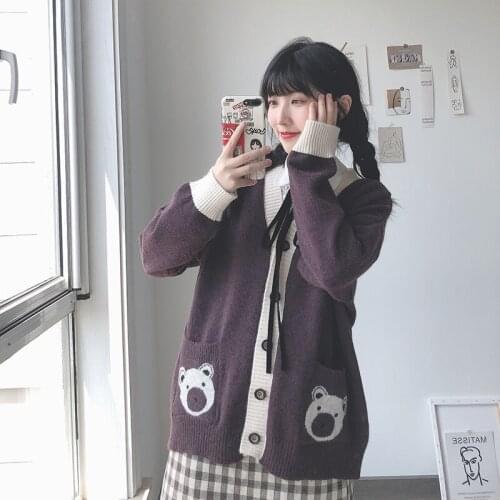 Graphic Bear Embroidery Harakuju Knit Women Sweaters Cardigan 2021 Winter Warm Korean Style Female Sweet Kawaii Cute Jumpers Top