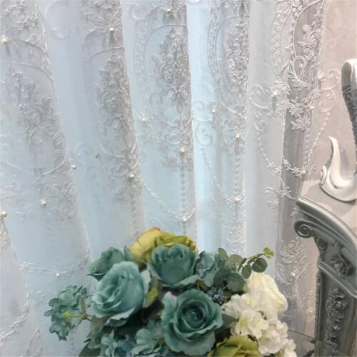 White Elegant Sheer Curtains for Living Room Delicated Pearls Embroidery Beads French Window Treatment Drapes zh040C