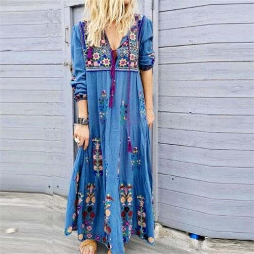 Bohemian Round Neck Retro Print Dress 2021 Nen Elegant Temperament Stitching Casual Office Long-Sleeved Plus Size Beach Skir