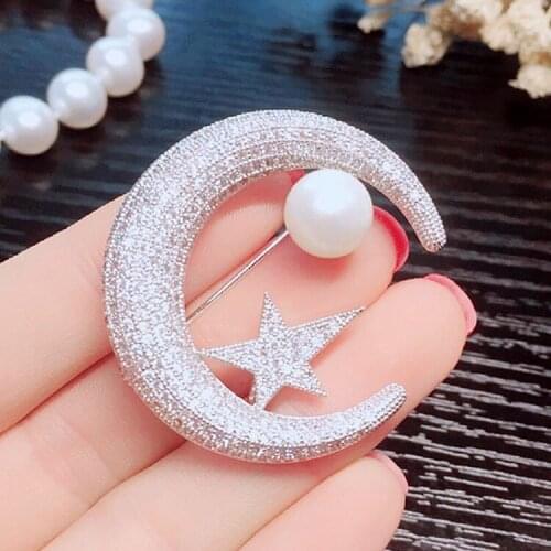 New Micro insert CZ stones freshwater pearl crescent moon star pin Brooch Pendant double use fashion ornament jewelry accessory