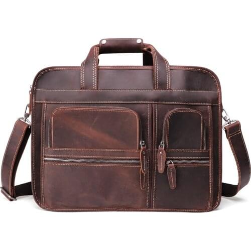 Crazy Horse Leather Business Briefcase Large Capacity 17 inch Laptop Bag Top Leather Mens Bag