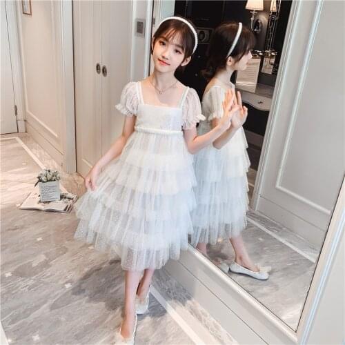 2021 Girls Long Dress Children Fashion Lovely Pearl Thousand Laye Mesh White Princess Dresses 12 14 Years Old