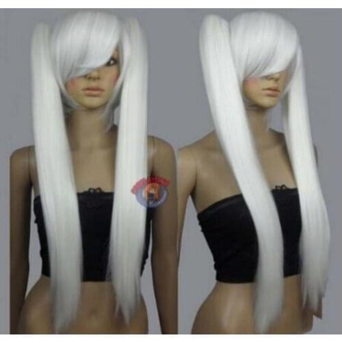 Wig Long Silver White Cosplay Straight Wig With Two Clip On Ponytails Free Shipping