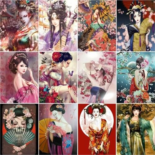 AZQSD DIY Painting By Number Frame Kimono Woman Handpainted Modern Wall Art Coloring By Numbers Japanese Geisha Kits Unique Gift