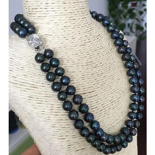 Beautiful 2row 10-11mm round tahitian peacock black green pearl necklace 17"-19"