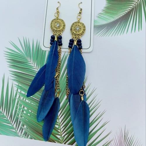 Colorful Geometric Bohemian Vintage Feather Earrings for Women Jewelry Fashion Long Chain Tassel Dangle Drop Earrings Oorbellen