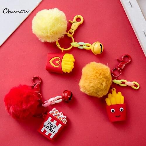 Creative Food Pompom Keychain PVC Hamburger Plush Fries Hairball Key Chain Car Bag Ornaments Key Ring Pendant Kids Couples Gifts