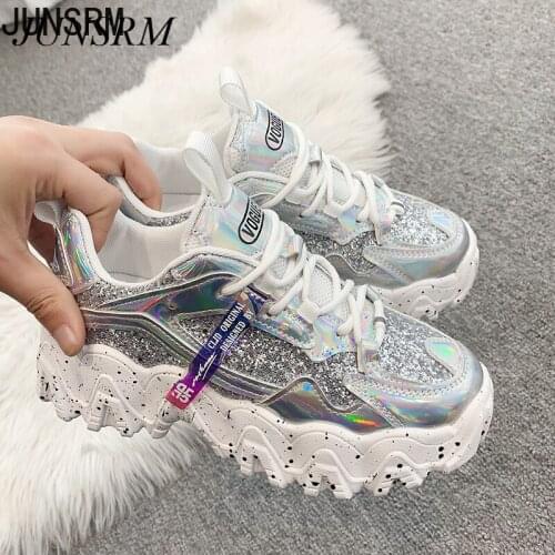Spring Womens Chunky Sneakers Fashion Women Platform Shoes Bling Sequined Lace-Up Vulcanize Shoes Female Trainers Dad Shoes