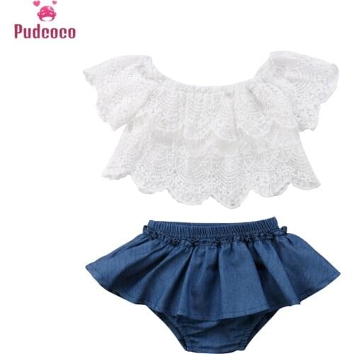 Summer Baby Girls Toddler Off Shoulder White Lace Tops+Denim Shorts Dress Outfits Clothes