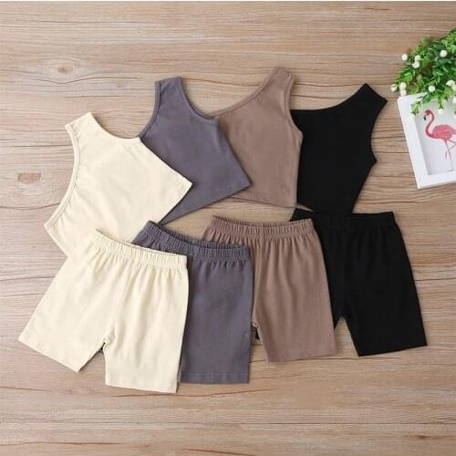 Girls Summer One-Shoulder Camisole Elastic Shorts Two-Piece 2020 New Style Solid Color Fashion Sleeveless Suit FSXMY181