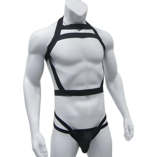 Mens Lingerie Chest Harness Bondage Thongs G-String Sets Men Backless Elastic Straps Erotic Sexy Hollow Out Halter Neck Costume