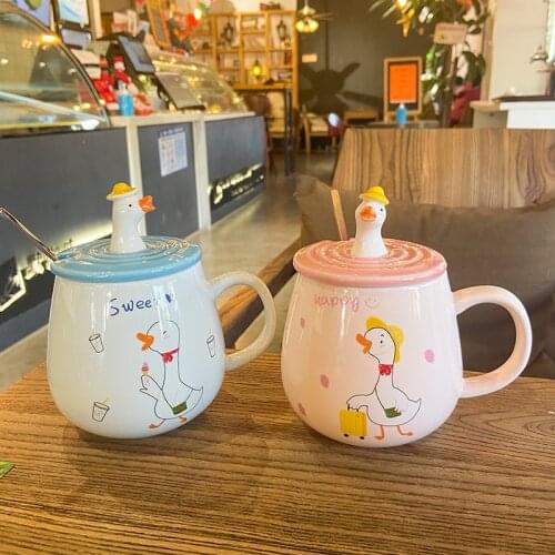 New Style Refueling Duck Cartoon Pot-bellied Ceramic Mug Cute and Fresh Funny Coffee Cups with Lid Best Friend/Couple Gift