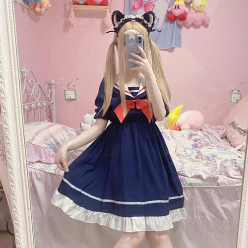 2020 Summer New Japanese College Sweet Sailor Suit Sailor Collar Student Bow Dress Female school girl uniform lolita dress