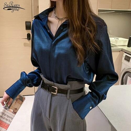 Solid Casual Satin Blouses Gentle Office Lady Oversized Shirt Women Single Breasted Long Sleeve Plus Size Tops Blusa Mujer 16961
