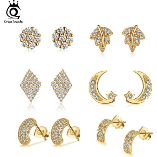 ORSA JEWELS Unusual14K Gold Plated 925 Silver Stud Earrings for Women with Luxury Sparkling CZ Earrings Ear Stud Jewelry APE02