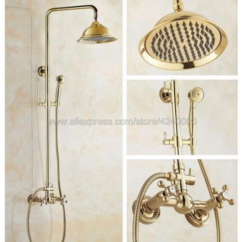 Luxury Gold Color Brass 8 inch Shower Head Bathroom Shower Faucet Sets Double Handles Mixer Tap with Hand Shower Kgf323