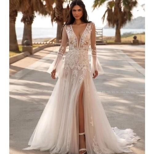 Boho Wedding Dresses A-line V-neck Long Sleeves Tulle Appliques Lace Dubai Arabic Wedding Gown Bridal Dress Vestido De Noiva