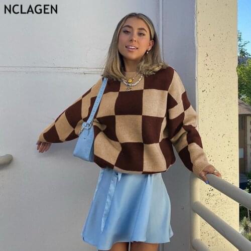 NCLAGEN Women Sweater 2021 New Autumn Winter Vintage Plaid Streetwear Casual Knitwear Top Female Thick Warm Sweaters Clothing