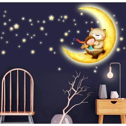 Cartoon Moon Girl Kids Rooms Home Decor Vinyl Wall Stickers Baby Bedroom Wall Decals Poster Mural