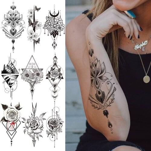 Temporary Tattoo Women Mehndi Henna Stickers for Hands Mandala Tattoo Black Sketches Tattoo Designs Lotus Peony Flowers Pattern