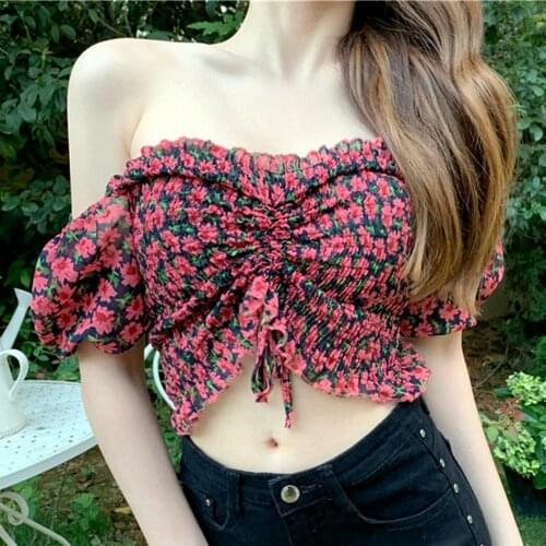 Floral Printed Women Summer Sexy Short Sleeve Chiffon Slim Crop Top Blouse Women Summer Crop Top Blouse Women Summer Crop Top Bl