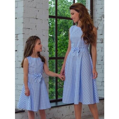 Women Girls Clothes Plaid Printed Sleeveless Mother Daughter Dresses Family Matching Outfits Summer New Family Look Beachwear