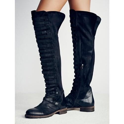 Western Buty Damskie Cowboy Boots For Women Black Low Heels Thigh High Over The Knee Army Combat Punk Shoes Botines Motorcycle