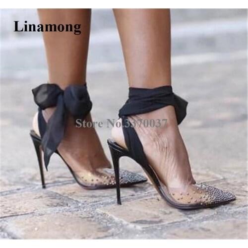 Brand Design Women Fashion Pointed Toe PVC Rhinestone Stiletto Heel Pumps Lace Straps Cross Black Red White Crystal High Heels