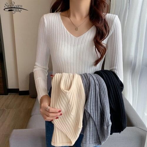 Autumn Elegant Winter Korean Pullover New V-neck Knitted Sweater Women Office Lady Bottomed Slim Sweater Long Sleeve Shirt 16158