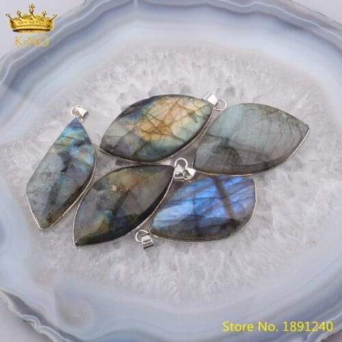 5pcs Natural Flash Labradorite Stone Pendant Jewelry,Plated Silvery Caps Freeform Slab Slice Labradorite Beads Charms Findings