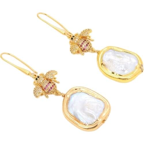 JK White Square Keshi Pearl 24K Gold Color Plated Cz Pave Beetle Hook Earrings For Women